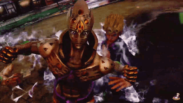 a video game character with a purple ribbon around his waist is surrounded by flames