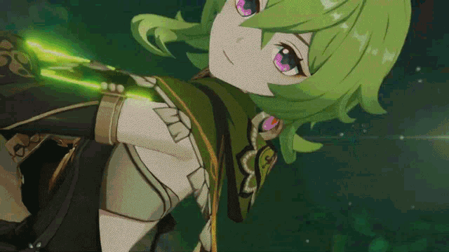 a girl with green hair and purple eyes holds a green sword