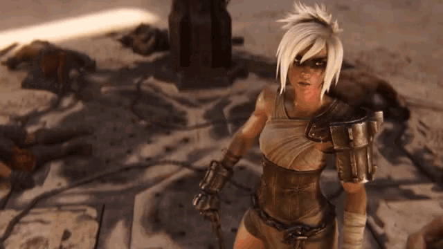 a woman with a sword in her hand is standing on a dirty floor