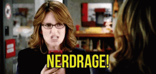a woman holding a cell phone with the words nerdrage written on it