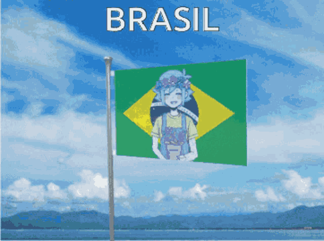 a green and yellow flag with a girl on it is flying in front of a blue sky and the word brasil