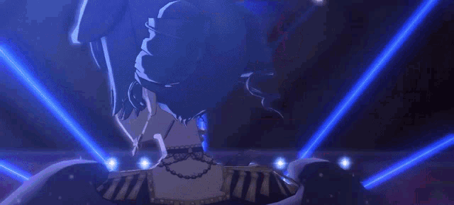 a anime girl with horns is dancing in front of a blue light .
