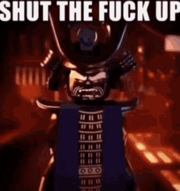 a lego samurai with a helmet and a purple robe says shut the fuck up .