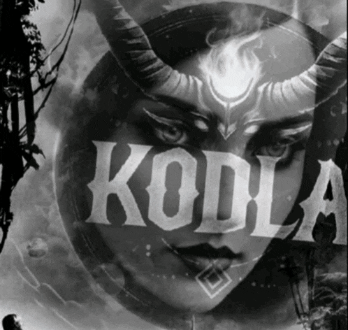 a black and white image of a woman with horns and the word koda on the bottom