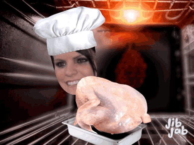 a woman in a chef 's hat is holding a chicken in a pan