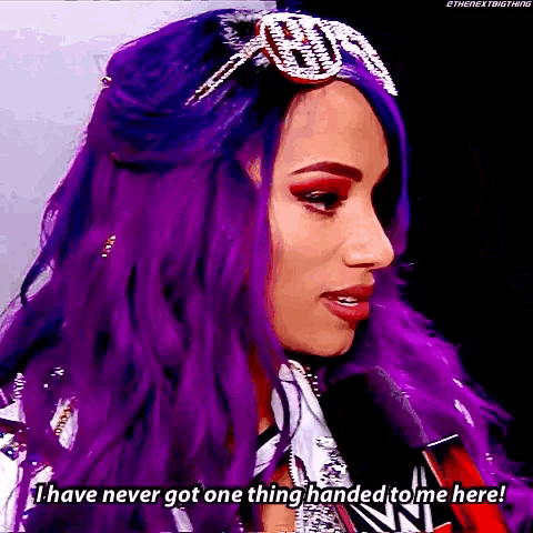 a woman with purple hair says i have never got one thing handed to me here .