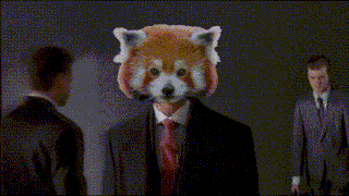 a man in a suit and tie with a red panda head