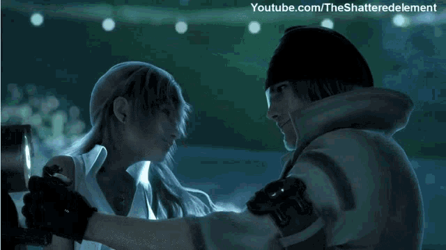 a man and a woman are standing next to each other with youtube.com/theshatteredelement in the upper right corner