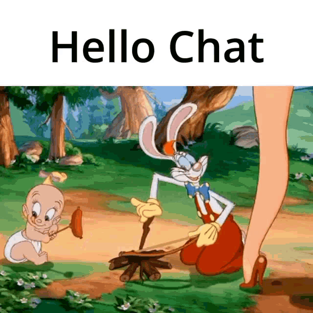roger rabbit is kneeling next to a baby and a woman with the words hello chat on the bottom