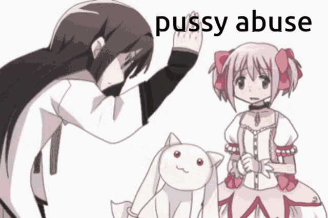 a cartoon drawing of a girl and a cat with the words pussy abuse on the bottom