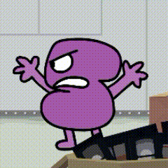 a cartoon character with a purple head and arms is standing next to a box and looking angry .