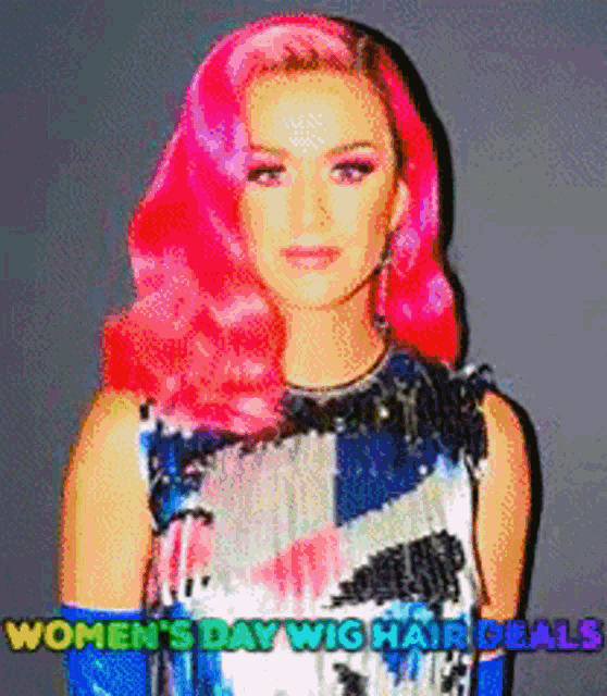 a woman with bright pink hair and the words women 's day wig hair deals above her