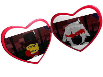 a pair of heart shaped sunglasses with a picture of a cartoon character