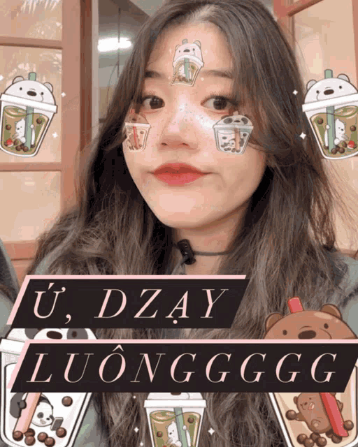 a girl with a sticker on her face that says u dzay luong ggg