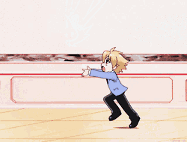 a cartoon of a boy running towards a rabbit