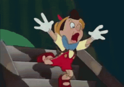 a cartoon character is falling down a set of stairs while wearing mickey mouse gloves