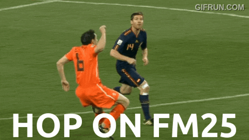 a group of soccer players on a field with the words hop on fm25 below them