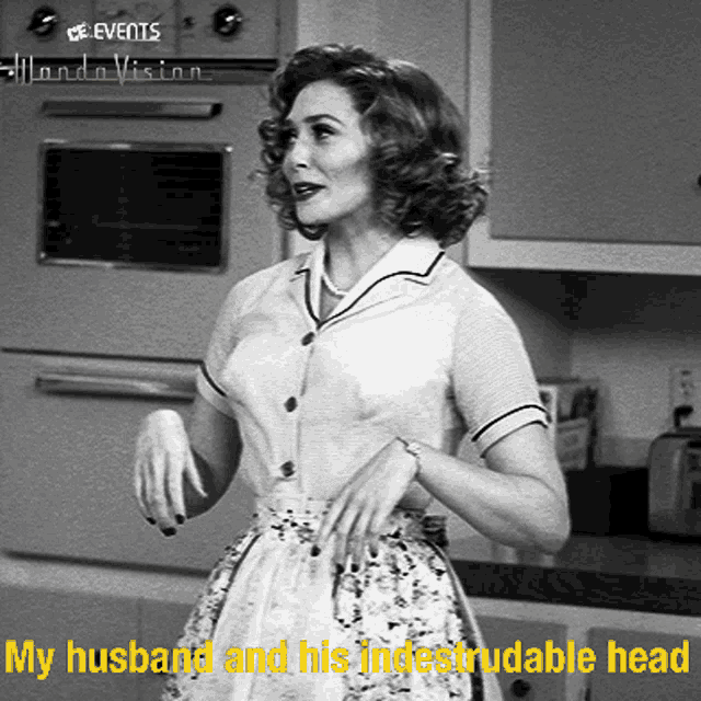 a woman in a kitchen with the words my husband and his indestructable head above her