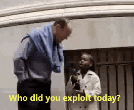 a man and a girl are talking and the man asks the girl who did you exploit today