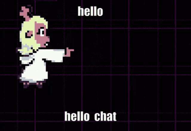 a pixel art of a group of people standing next to each other with the words hello chat on the bottom
