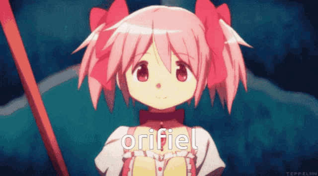 a pink haired anime girl with the word orifiel written on the bottom