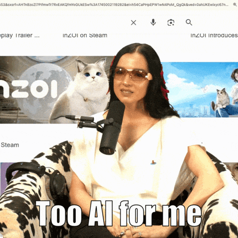 a woman is sitting in front of a microphone with the words too al for me below her