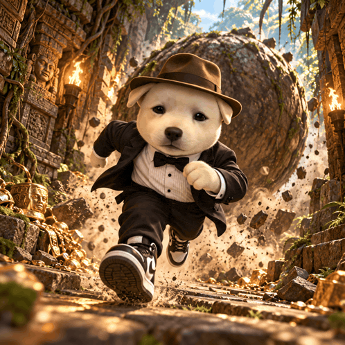 a puppy wearing a tuxedo and hat is running down a set of steps