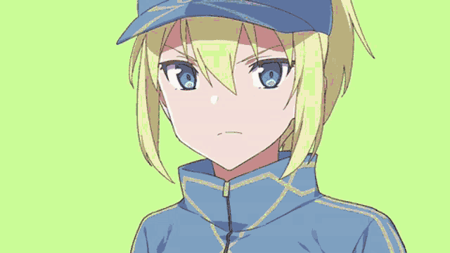 a close up of a person wearing a blue hat with the letter c on it