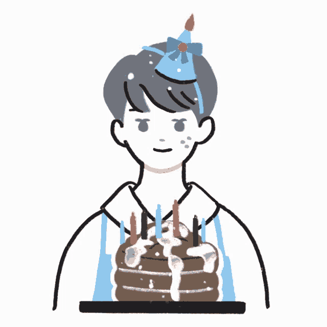 a boy wearing a party hat holds a birthday cake