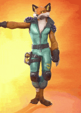 a cartoon fox in a green jumpsuit with spikes on the shoulder