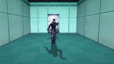 a video game character in a room with a door