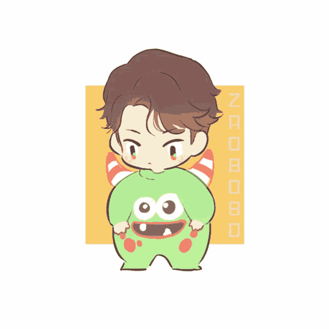 a cartoon drawing of a boy in a frog costume with the word nabobbo in the corner