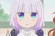 a close up of a cartoon girl with blue eyes and white hair .