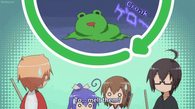 a group of anime characters looking at a green frog with croak written above it