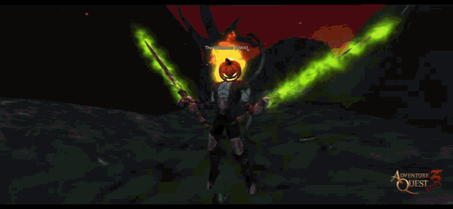 a video game character with a pumpkin head and glowing swords called the christmas lady
