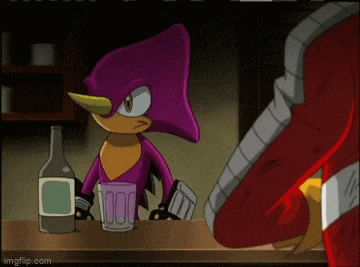 a cartoon character is standing at a bar with a bottle of alcohol and a glass