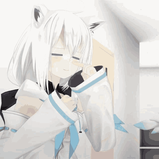 a cartoon character with white hair and black ears has chinese writing on her shoulder