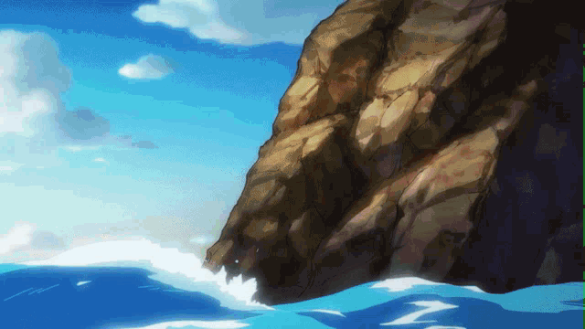 a large rock in the middle of the ocean with waves crashing against it