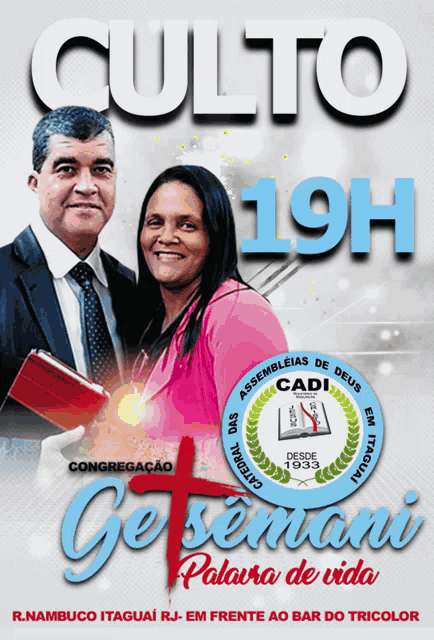 a poster for a church called culto 19h with a man and woman