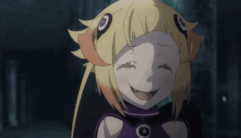 a girl with yellow hair and a purple outfit is smiling with her tongue out