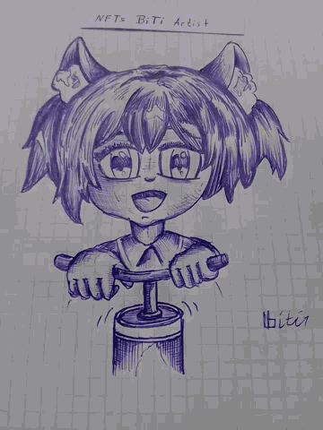 a drawing of a cat holding a dumbbell with the name biti artist written on the bottom