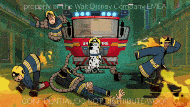 a cartoon drawing of firefighters and a fire truck with the words property of the walt disney company emea on the bottom
