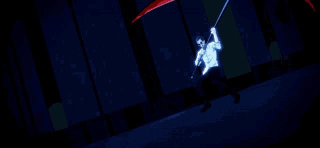 a person is holding a sword in front of a glowing x