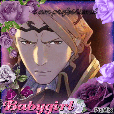 a picture of a man surrounded by purple roses and the words babygirl