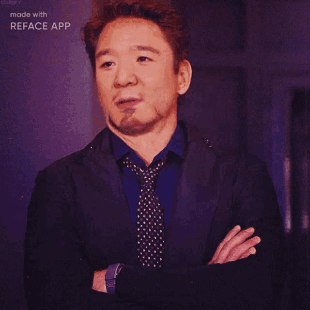 a man in a suit and tie has his arms crossed and is made with reface app