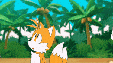 a cartoon fox is standing in front of a palm tree
