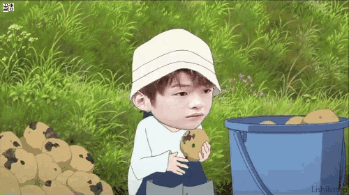 a cartoon of a boy holding a potato next to a bucket