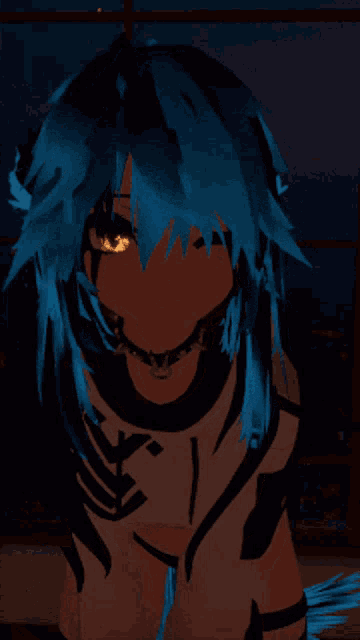 a blue haired anime character with glowing eyes