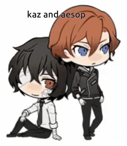 two anime characters are standing next to each other with the words kaz and aesop on the bottom