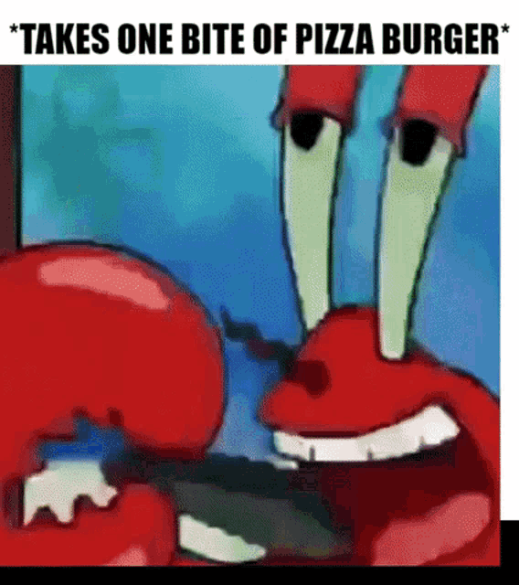 a cartoon of a crab taking a bite of pizza burger
